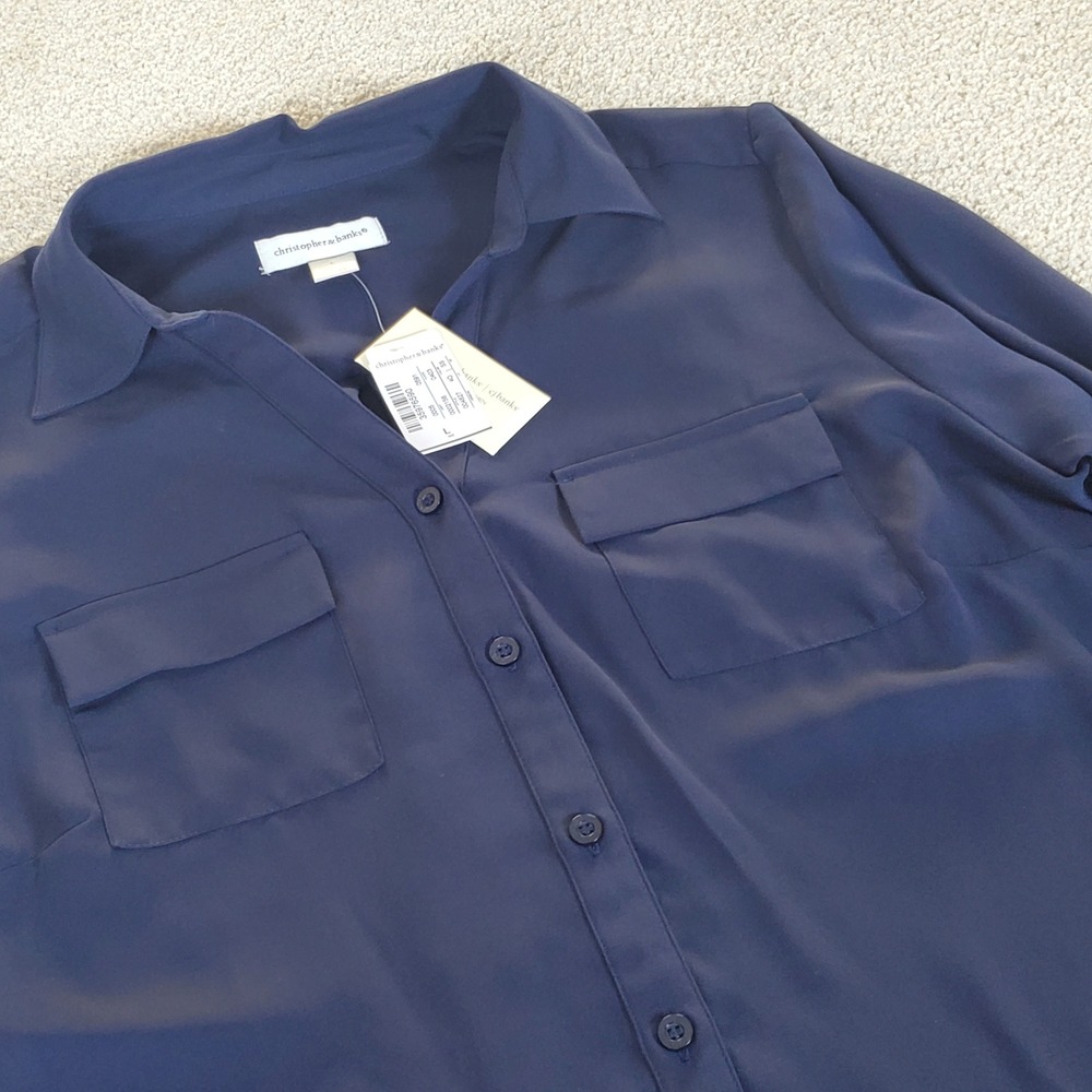 Christopher & Banks Blouse Women's Large Navy Blue Roll Tab Sleeve Button Down